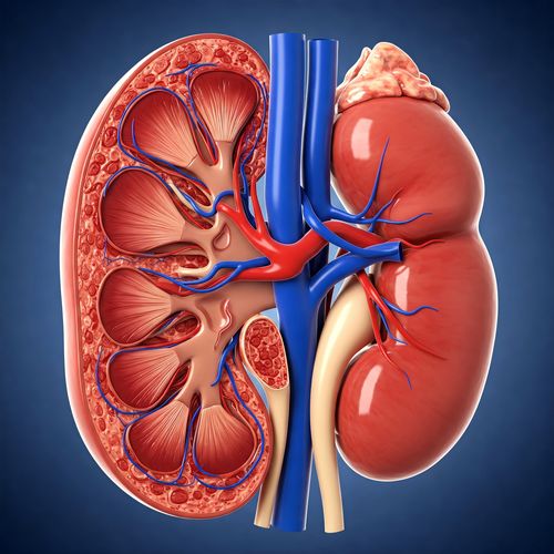 O ilustrație medicală detaliată și de înaltă rezoluție a rinichiului uman, care evidențiază structura sa internă complexă, inclusiv cortexul renal, medulara, pelvisul și nefronii. Ideală pentru materiale educaționale și studiu aprofundat.