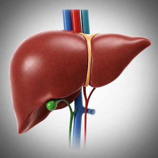 Această imagine de înaltă rezoluție prezintă structura internă complexă a unui ficat uman sănătos, evidențiind lobulii hepatici, sinusoidele și vena centrală. Textura netedă și lucioasă a ficatului este redată în culoarea sa naturală roșu-maroniu, iar vasele de sânge din jur subliniază rolul vital al ficatului în filtrarea sângelui și producerea de substanțe esențiale.